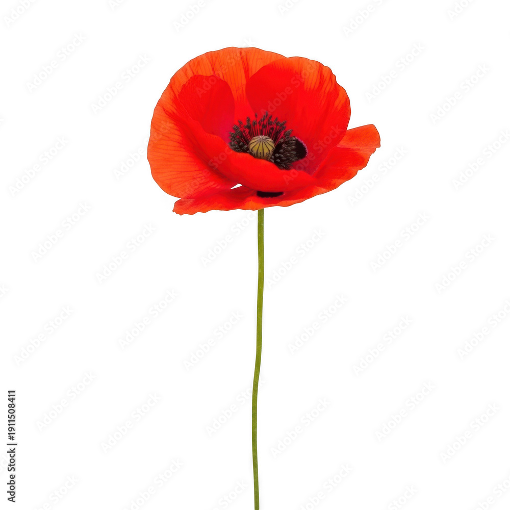 Obraz premium A single vibrant red poppy flower with a green stem isolated on transparent background