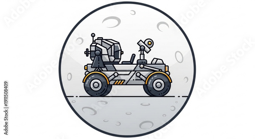 Lunar rover vehicle exploring moon surface with satellite dish antennae and robotic arm in a futuristic grey landscape