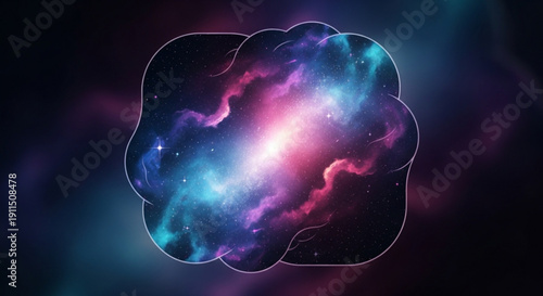 Vibrant nebula with pink and blue hues outlined in brain shape against dark space background with stars