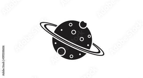 Black planet icon with rings and craters on white background symbolizing space and astronomy