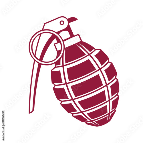Red and white hand grenade with magnifying glass explosive