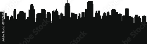 Modern city skyline silhouette with skyscrapers and downtown buildings, black urban panorama cityscape outline isolated on white background for architecture and business design.