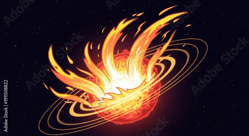 Vibrant fiery planet with swirling flames and golden rings in deep space evoking a sense of cosmic turmoil and intense heat