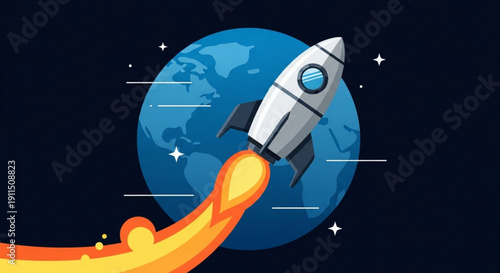 Rocket ship launching into space with earth in background and orange flame trail on dark blue night sky