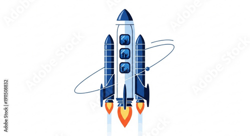 Rocket ship blasting off into space with vibrant flames and trail