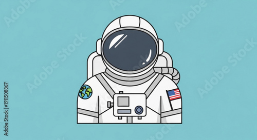 Astronaut in white spacesuit with american flag and earth patch on teal background ready for space exploration