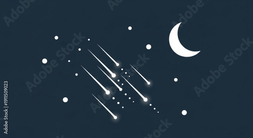 Meteor shower streaks across night sky with crescent moon and stars celestial event in dark blue background