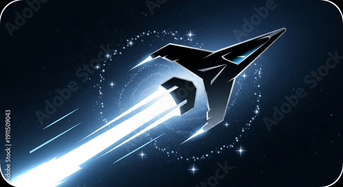 Futuristic spacecraft soars through starry night sky with glowing trail