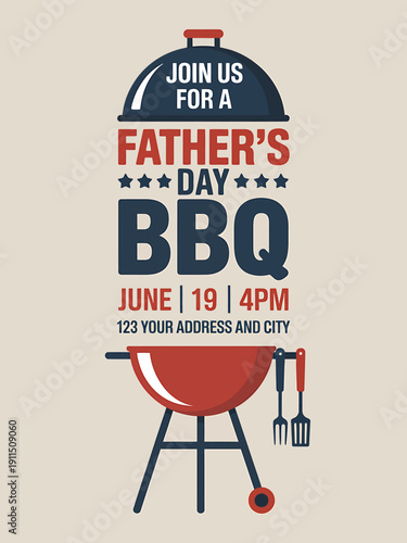Fathers Day BBQ invitation card with grill and utensils on beige background