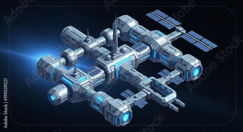 Futuristic silver spaceship with blue lights flying through deep space with solar panels extended