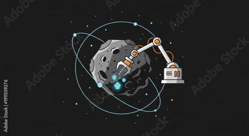 Robot arm mining asteroid with robotic spacecraft in deep space with stars and orbital path
