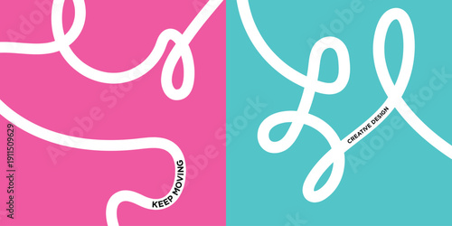 A vibrant abstract art piece featuring white squiggly lines on pink and blue background