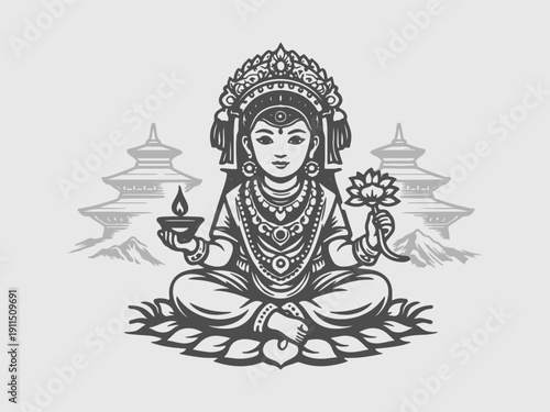 Nepali Goddess Vector Illustration with Temple Background, Himalayan Spiritual Art Design