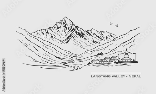 Langtang Valley Nepal Vector Landscape with Himalayan Peaks and Mountain Village Illustration