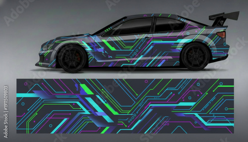 Sports car with a vibrant digital circuit board graphic wrap design, showcasing futuristic neon lines on a dark grey background.