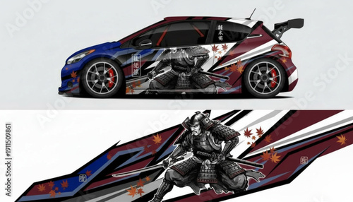 Custom car wrap design featuring a dynamic samurai warrior and geometric patterns on a blue and red hatchback.