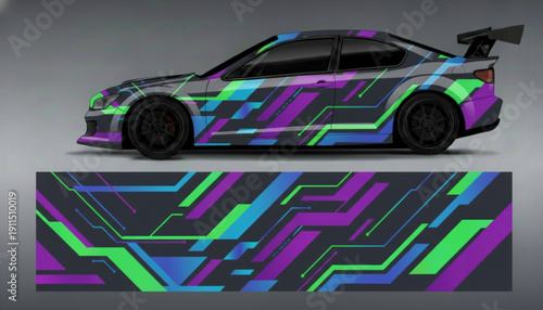 Side view of a custom sports car with a vibrant geometric wrap design in purple, blue, and green, displayed alongside the full pattern.