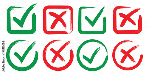 Grunge crayons drawn tick and cross symbols set. Chalk stroke green and red handwriting checkbox wrong right choice marks with rough texture vector graphic 