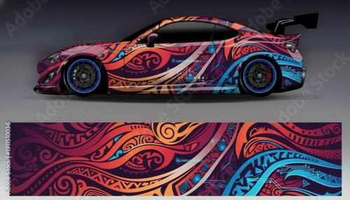 Sports car with a vibrant, intricate tribal pattern decal wrap in warm and cool colors, showcasing the full design.
