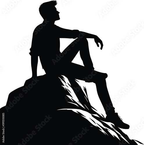 Silhouette of a person sitting on a rock in contemplation