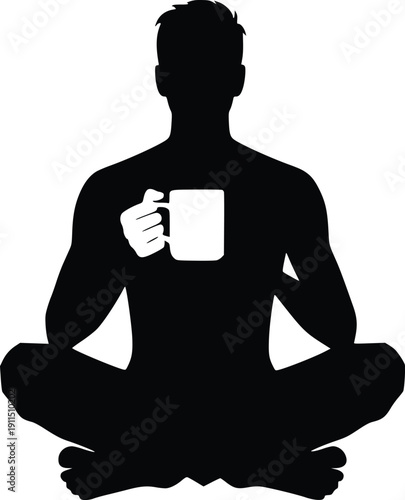 Silhouette of a person meditating with a coffee mug on their back