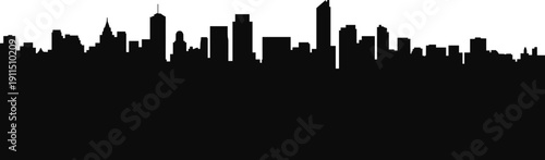 Modern city skyline silhouette with urban skyscrapers and downtown buildings, black panoramic cityscape horizon isolated on white background for architecture and business design.
