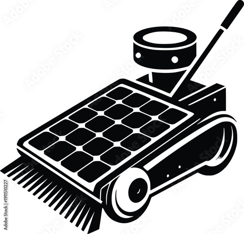 Vintage lawn mower with cylindrical grass cutter and large rear wheel