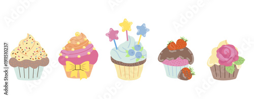 set Colorful cupcake vector illustration featuring five unique designs with vibrant decorations like sprinkles, stars, strawberries, and a rose. Ideal for dessert-themed projects.