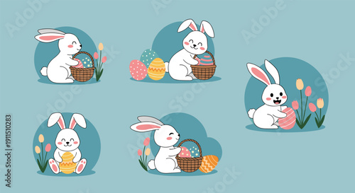 Set of cute white easter bunnies with eggs and flowers illustration