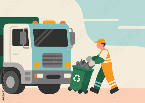 Garbage Man Loads Trash Cans to Truck Illustrator Artwork Creative Design Template 