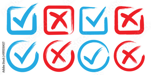 Check tick mark icon set. Cross box x check mark checkbox list vector draw hand drawn sketch doodle brush marker checklist symbol wrong right circle. hand drawn, grunge X sign. hand drawn tick mark