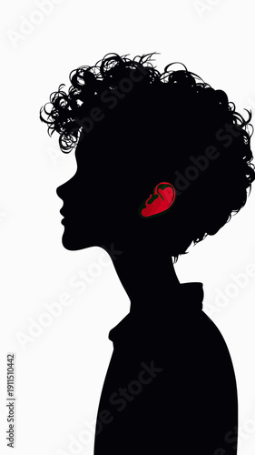 Silhouette side profile of curly hair boy with visible red human fetus inside ear representing inner child concept and prenatal connection in minimalist style vector