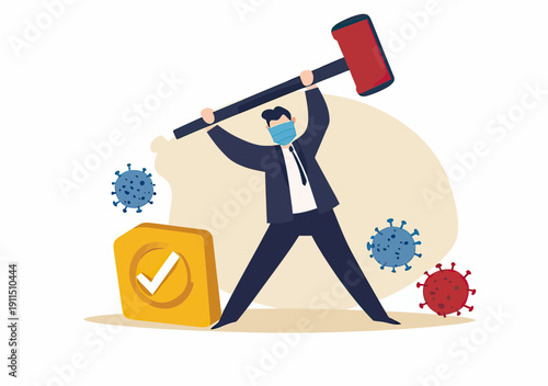 Businessman wearing face mask hitting big hammer on emergency restart button surrounded by coronavirus covid 19 virus icons restart operation concept flat vector illustration
