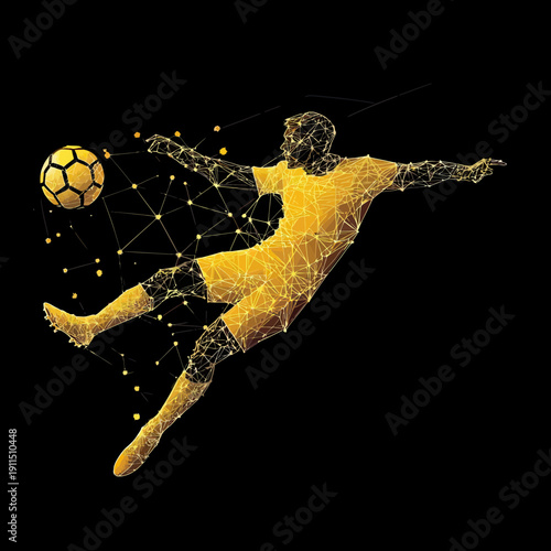 Polygonal soccer player performing flying kick with connected lines and dots in yellow abstract wireframe style on black background vector illustration