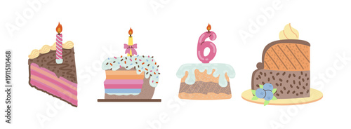 Illustrated vector of four colorful birthday cake slices, each topped with a lit candle. Variety in design and decoration displays festive and celebratory themes, ideal for party visuals.