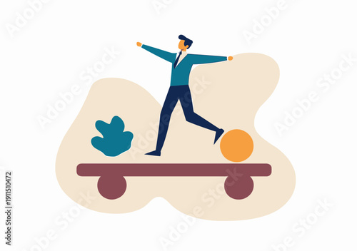 Businessman balancing on seesaw with sphere and leaf element abstract flat vector illustration symbolizing stability challenge and equilibrium in work life balance concept