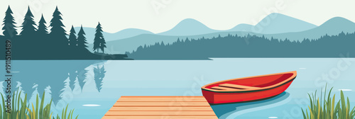 Serene lake landscape with wooden pier and red rowboat reflecting calm water surrounded by forest and distant mountains vector illustration