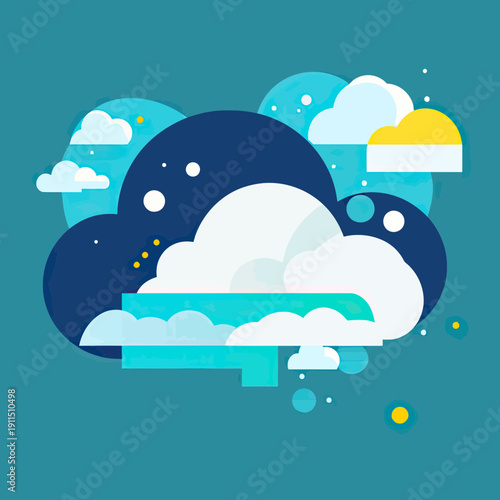 Abstract flat minimalist vector design of layered clouds with sun and sky elements in blue and yellow tones on teal background for weather and technology concepts