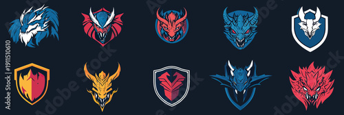 Set of ten colorful dragon head esports logos and shield emblems with minimalist flat vector style for gaming team mascots and fantasy design elements