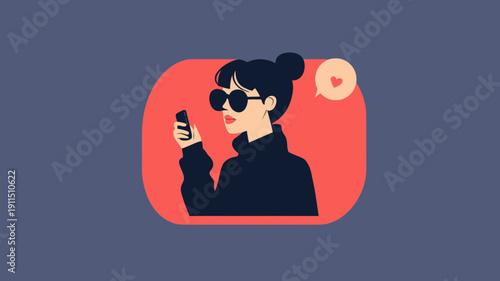 Minimalist vector illustration of stylish woman wearing sunglasses using smartphone with social media like notification bubble on red background in modern flat design