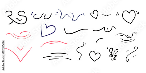 Hand drawn minimalist vector swirls, underline lines, heart shapes, swoosh accents, love elements and decorative sketch lines set for graphic design