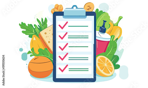 Checklist with red checkmarks surrounded by fresh vegetables, fruits, cheese, and healthy food items for diet planning and nutrition tracking illustration