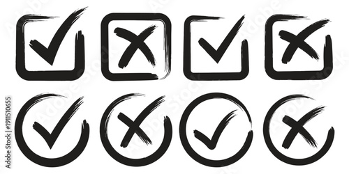 Check tick mark icon set. Cross box x check mark checkbox list vector draw hand drawn sketch doodle brush marker checklist symbol wrong right circle. hand drawn, grunge X sign. hand drawn tick mark