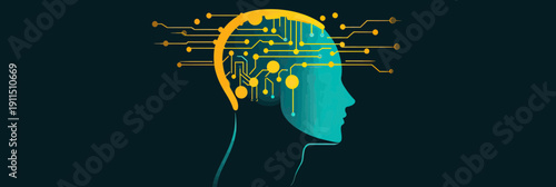Abstract human head silhouette with golden circuit board connections symbolizing artificial intelligence and technology innovation in blue and yellow colors