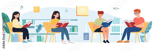 Young people studying in library reading open books sitting on chairs with shelves and educational background elements flat vector illustration
