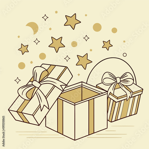 gift boxes  open with stars and sparkles bursting out