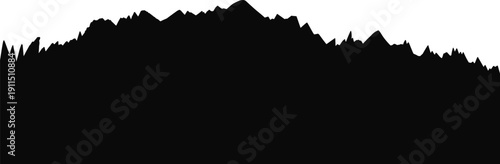 Mountain range silhouette with rugged rocky peaks, black natural landscape horizon isolated on white background, outdoor scenery design element for adventure and travel themes.