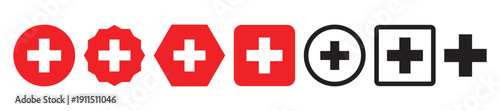 Set red cross first aid flat color different shapes sign medicine symbol hospital icons white. Emergency medic red white collection plus logo design for web mobile isolated on background