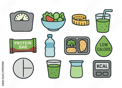 Healthy lifestyle icons including salad, protein bar, water bottle, and calorie counter