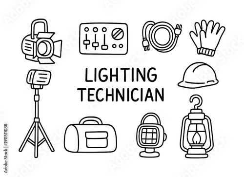 Lighting technician equipment: tools and safety gear illustration